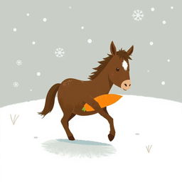 In a snowy landscape, a small brown pony with a slightly white forehead is trotting forward, cradling a bright orange carrot in its arms