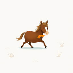 In a snowy landscape, a small brown pony with a slightly white forehead is trotting forward, holding a bright orange carrot in its arms
