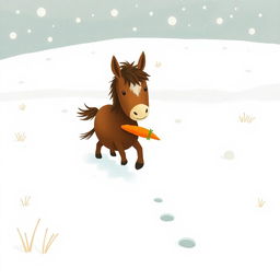 In a snowy landscape, a small brown pony with a slightly white forehead is trotting forward, holding a bright orange carrot in its arms