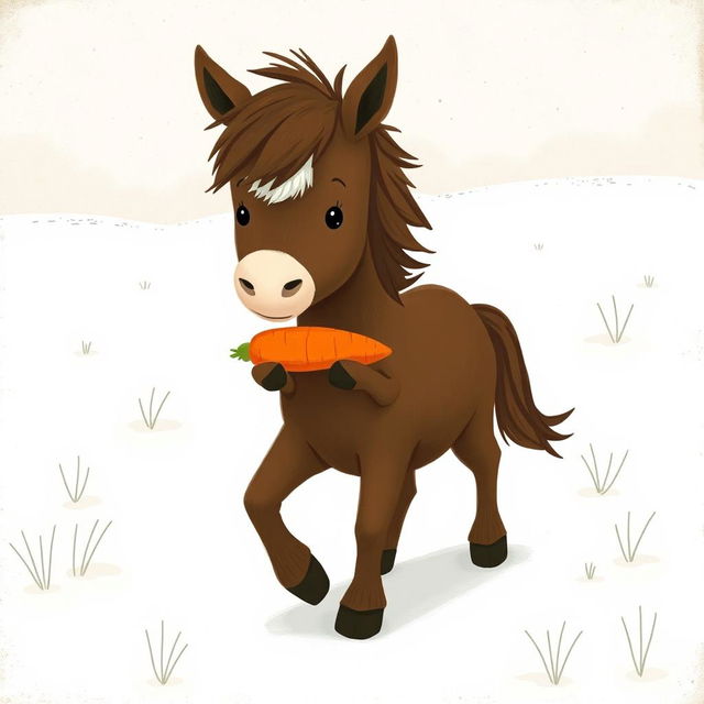In a snowy landscape, a small brown pony with a slightly white forehead is trotting forward, holding a bright orange carrot in its arms