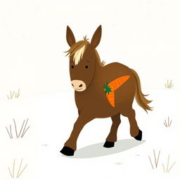 In a snowy landscape, a small brown pony with a slightly white forehead is trotting forward, holding a bright orange carrot in its arms