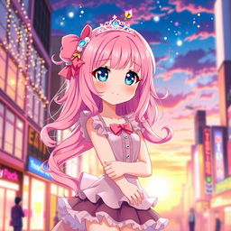 A beautiful anime girl with enchanting features, characterized by long, flowing pink hair that has soft curls at the ends