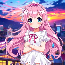 A beautiful anime girl with enchanting features, characterized by long, flowing pink hair that has soft curls at the ends