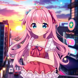 A beautiful anime girl with enchanting features, characterized by long, flowing pink hair that has soft curls at the ends