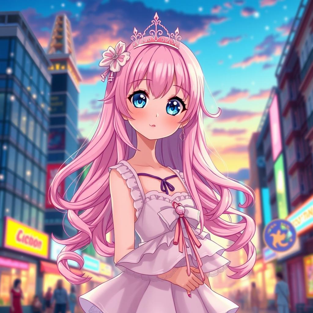 A beautiful anime girl with enchanting features, characterized by long, flowing pink hair that has soft curls at the ends