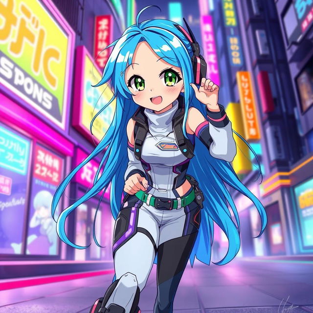 A vibrant anime girl with bright blue hair styled in long, flowing locks, wearing a stylish high-tech futuristic outfit that blends elements of classic anime and modern fashion