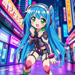 A vibrant anime girl with bright blue hair styled in long, flowing locks, wearing a stylish high-tech futuristic outfit that blends elements of classic anime and modern fashion