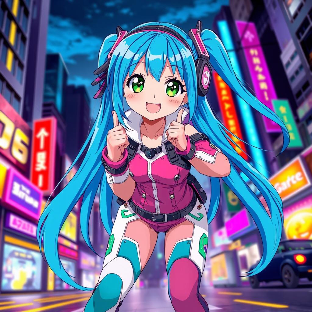 A vibrant anime girl with bright blue hair styled in long, flowing locks, wearing a stylish high-tech futuristic outfit that blends elements of classic anime and modern fashion