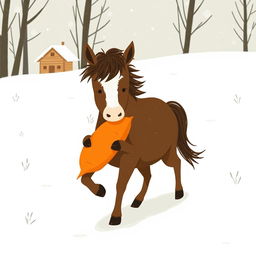 In a snowy landscape, a small brown pony with a slightly white forehead is trotting forward, cradling a bright orange sweet potato in its arms