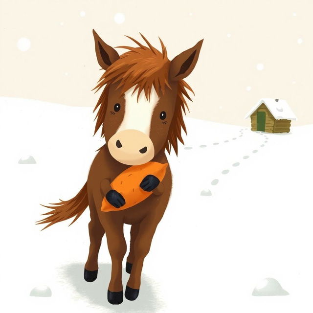 In a snowy landscape, a small brown pony with a slightly white forehead is trotting forward, cradling a bright orange sweet potato in its arms