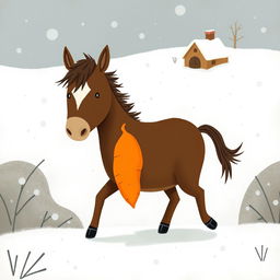 In a snowy landscape, a small brown pony with a slightly white forehead is trotting forward, cradling a bright orange sweet potato in its arms