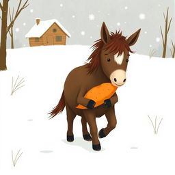 In a snowy landscape, a small brown pony with a slightly white forehead is trotting forward, cradling a bright orange sweet potato in its arms