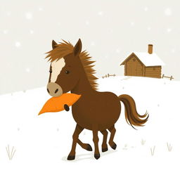 In a snowy landscape, a small brown pony with a slightly white forehead is trotting forward, holding a bright orange sweet potato in its embrace