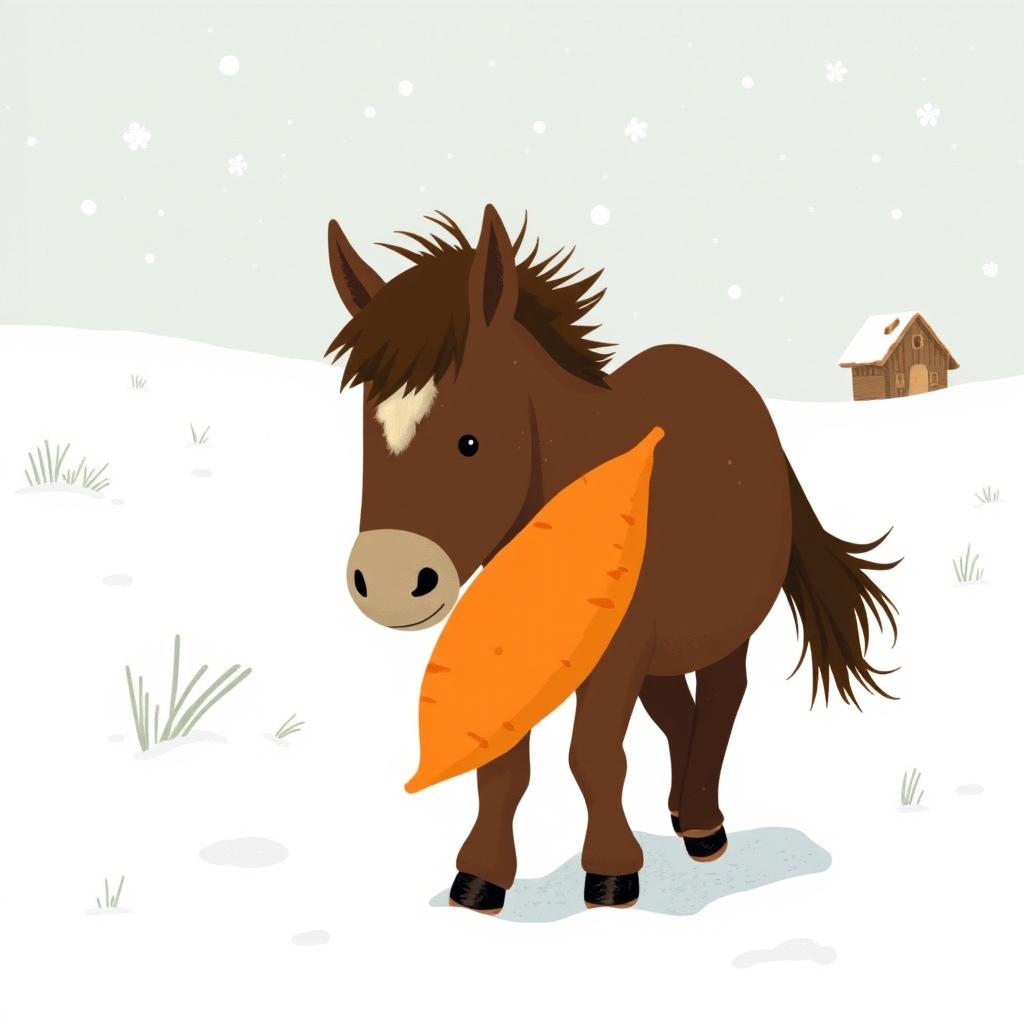 In a snowy landscape, a small brown pony with a slightly white forehead is trotting forward, holding a bright orange sweet potato in its embrace