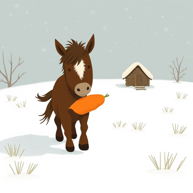 In a snowy landscape, a small brown pony with a slightly white forehead is trotting forward, holding a bright orange sweet potato in its embrace