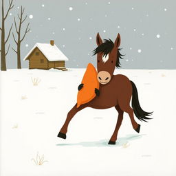 In a snowy landscape, a small brown pony with a slightly white forehead is trotting forward, holding a bright orange sweet potato in its embrace