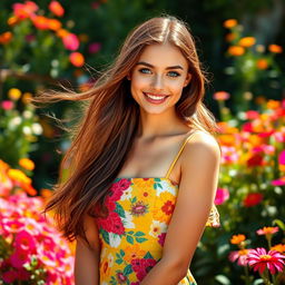 A stunning young woman with long flowing hair, wearing a vibrant summer dress, standing in a blooming garden filled with colorful flowers