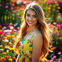 A stunning young woman with long flowing hair, wearing a vibrant summer dress, standing in a blooming garden filled with colorful flowers