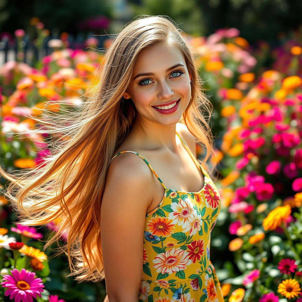 A stunning young woman with long flowing hair, wearing a vibrant summer dress, standing in a blooming garden filled with colorful flowers