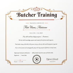 A realistic and professional butcher training certificate template design featuring a clean layout