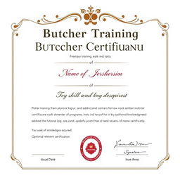 A realistic and professional butcher training certificate template design featuring a clean layout