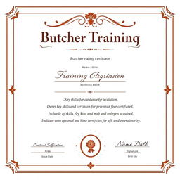 A realistic and professional butcher training certificate template design featuring a clean layout