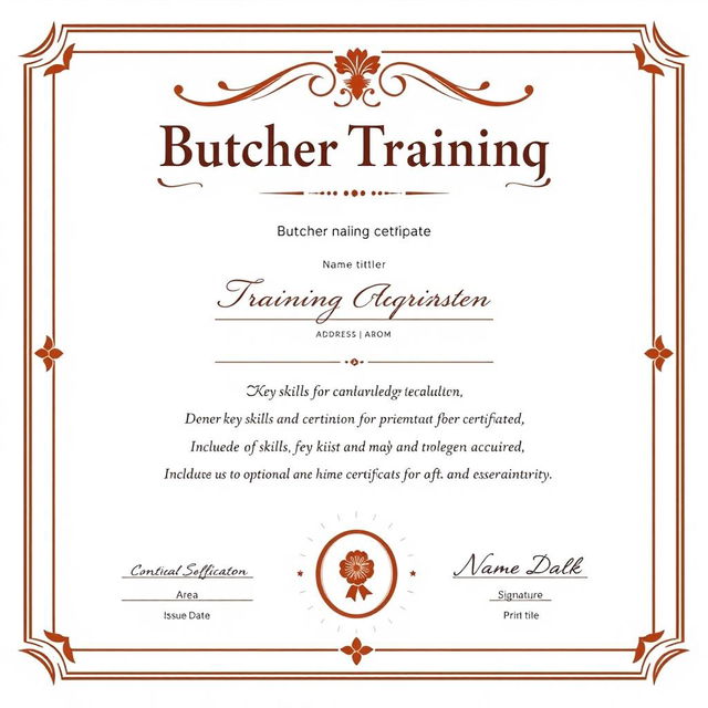 A realistic and professional butcher training certificate template design featuring a clean layout