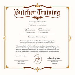 A realistic and professional butcher training certificate template design featuring a clean layout