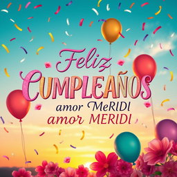 A beautifully designed birthday card featuring the words 'Feliz CUMPLEAÑOS amor MERIDI' in elegant, colorful calligraphy