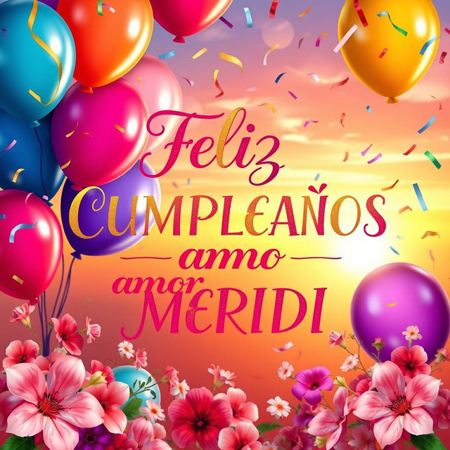 A beautifully designed birthday card featuring the words 'Feliz CUMPLEAÑOS amor MERIDI' in elegant, colorful calligraphy