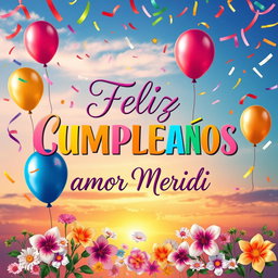 A beautifully designed birthday card featuring the words 'Feliz CUMPLEAÑOS amor MERIDI' in elegant, colorful calligraphy