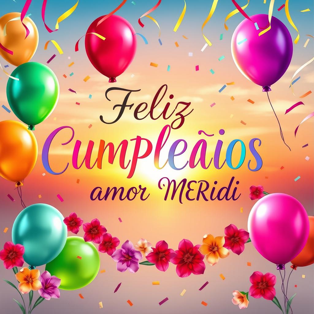 A beautifully designed birthday card featuring the words 'Feliz CUMPLEAÑOS amor MERIDI' in elegant, colorful calligraphy