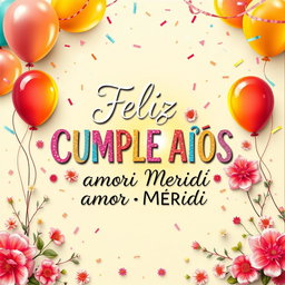 A beautifully crafted birthday card featuring the words 'Feliz CUMPLE AÑOS amor MERIDI' in elegant and colorful calligraphy