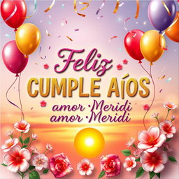 A beautifully crafted birthday card featuring the words 'Feliz CUMPLE AÑOS amor MERIDI' in elegant and colorful calligraphy