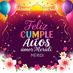 A beautifully crafted birthday card featuring the words 'Feliz CUMPLE AÑOS amor MERIDI' in elegant and colorful calligraphy