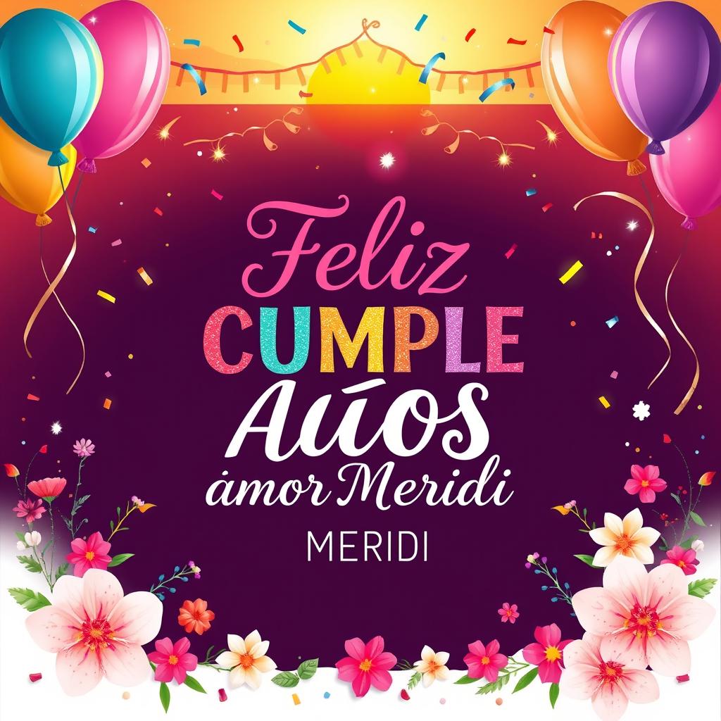 A beautifully crafted birthday card featuring the words 'Feliz CUMPLE AÑOS amor MERIDI' in elegant and colorful calligraphy