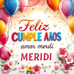 A beautifully crafted birthday card featuring the words 'Feliz CUMPLE AÑOS amor MERIDI' in elegant and colorful calligraphy