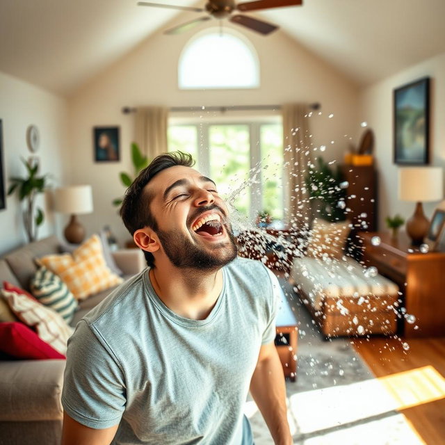 A man in a living room, laughing and playfully spitting out water, creating a fun and chaotic atmosphere