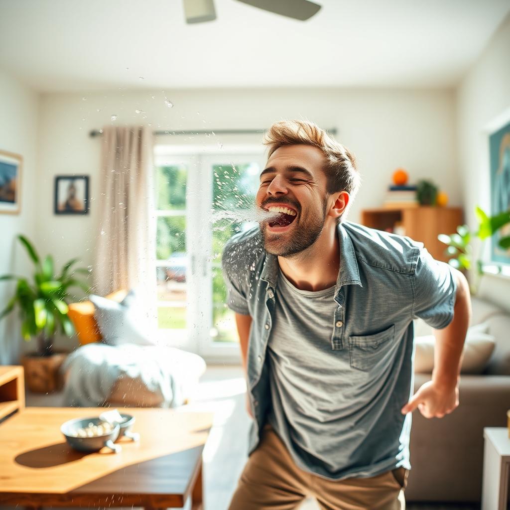 A man in a living room, laughing and playfully spitting out water, creating a fun and chaotic atmosphere