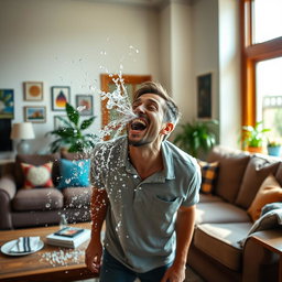 A man in a living room, laughing and playfully spitting out water, creating a fun and chaotic atmosphere