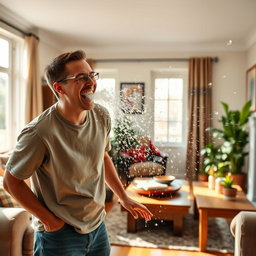 A man in a living room, laughing and playfully spitting out water, creating a fun and chaotic atmosphere