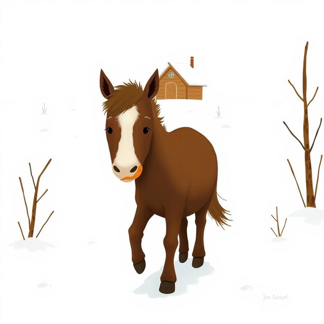 In a snowy landscape, a small brown pony with a slightly white forehead is walking forward, holding a bright orange sweet potato in its mouth