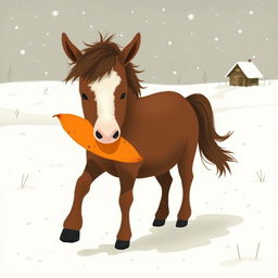 In a snowy landscape, a small brown pony with a slightly white forehead is walking forward, holding a bright orange sweet potato in its mouth