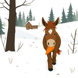 In a snowy landscape, a small brown pony with a slightly white forehead is walking forward, holding a bright orange sweet potato in its mouth