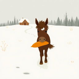 In a snowy landscape, a small brown pony with a slightly white forehead is walking forward, holding a bright orange sweet potato in its mouth