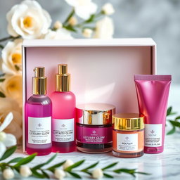 A beautifully arranged Luxury Glow Facial Skincare Set, featuring an elegant box with gold accents, containing luxurious skincare products such as a hydrating serum, rejuvenating cream, soothing mask, and exfoliating scrub