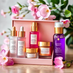 A beautifully arranged Luxury Glow Facial Skincare Set, featuring an elegant box with gold accents, containing luxurious skincare products such as a hydrating serum, rejuvenating cream, soothing mask, and exfoliating scrub