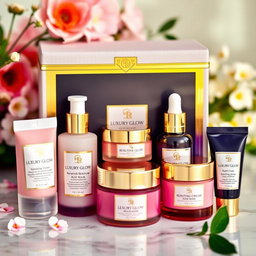 A beautifully arranged Luxury Glow Facial Skincare Set, featuring an elegant box with gold accents, containing luxurious skincare products such as a hydrating serum, rejuvenating cream, soothing mask, and exfoliating scrub