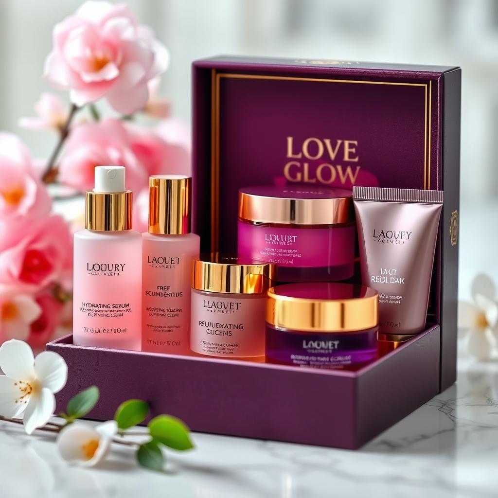 A beautifully arranged Luxury Glow Facial Skincare Set, featuring an elegant box with gold accents, containing luxurious skincare products such as a hydrating serum, rejuvenating cream, soothing mask, and exfoliating scrub