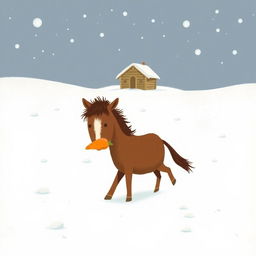 In a snowy landscape, a small brown pony with a slightly white forehead is moving forward, holding a bright orange sweet potato in its mouth